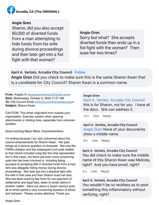 Screenshots of social and email conversation about Sharon Melinda Kwan