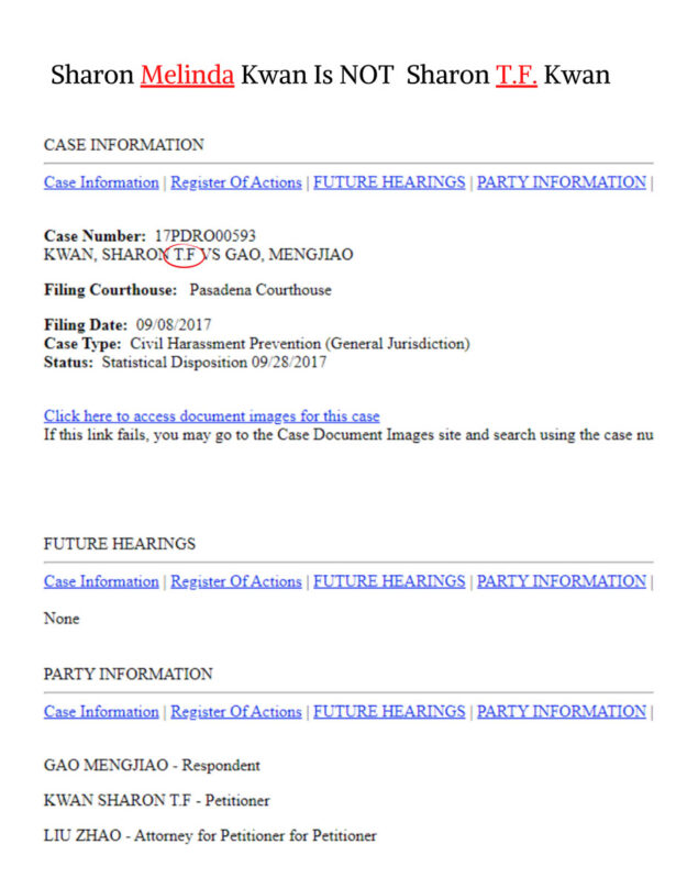 Screenshot of a document that show Sharon Melinda Kwan is NOT Sharon T.F Kwan