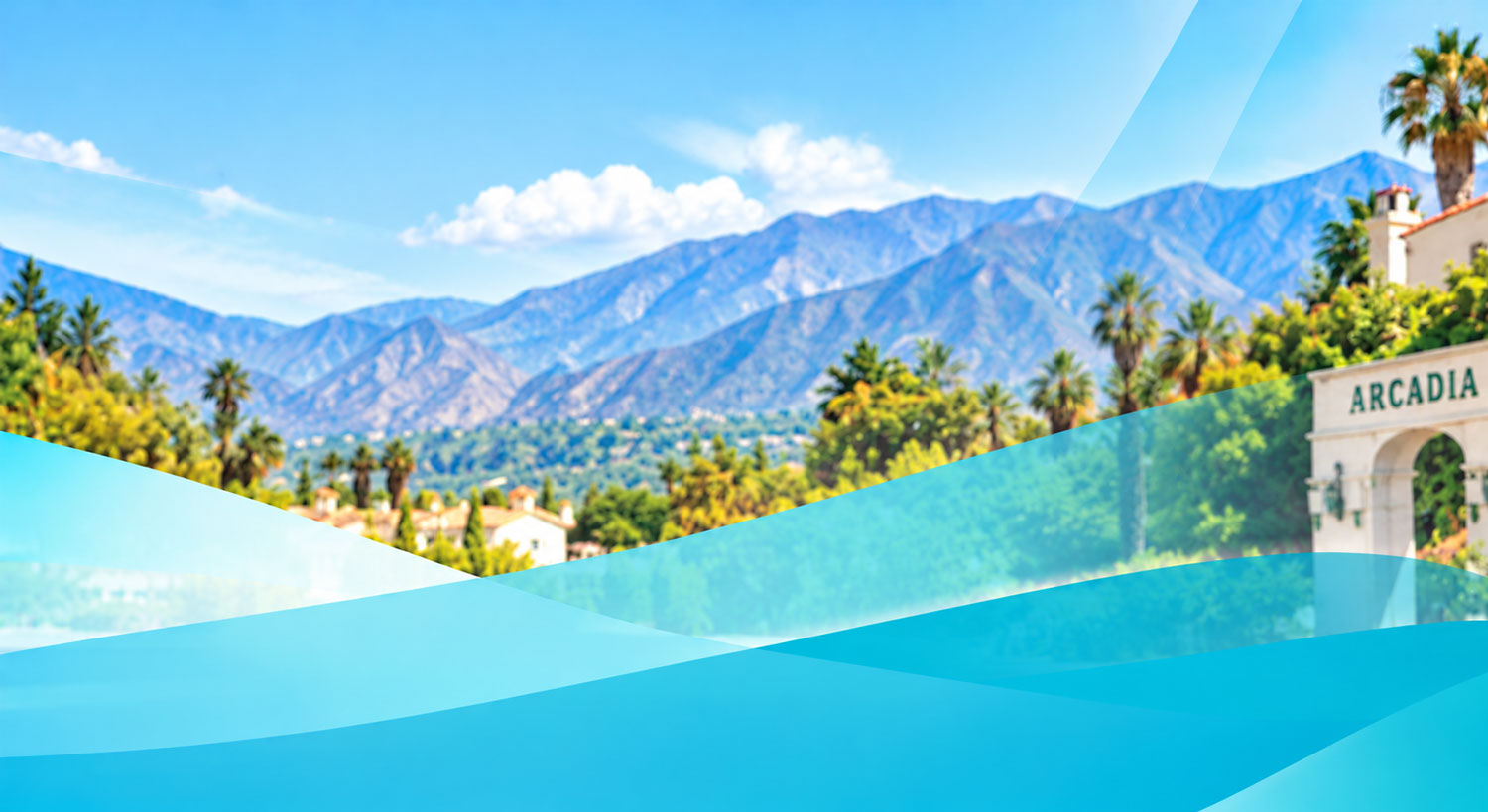 Background with San Gabriel mountain, trees, and Arcadia business building.